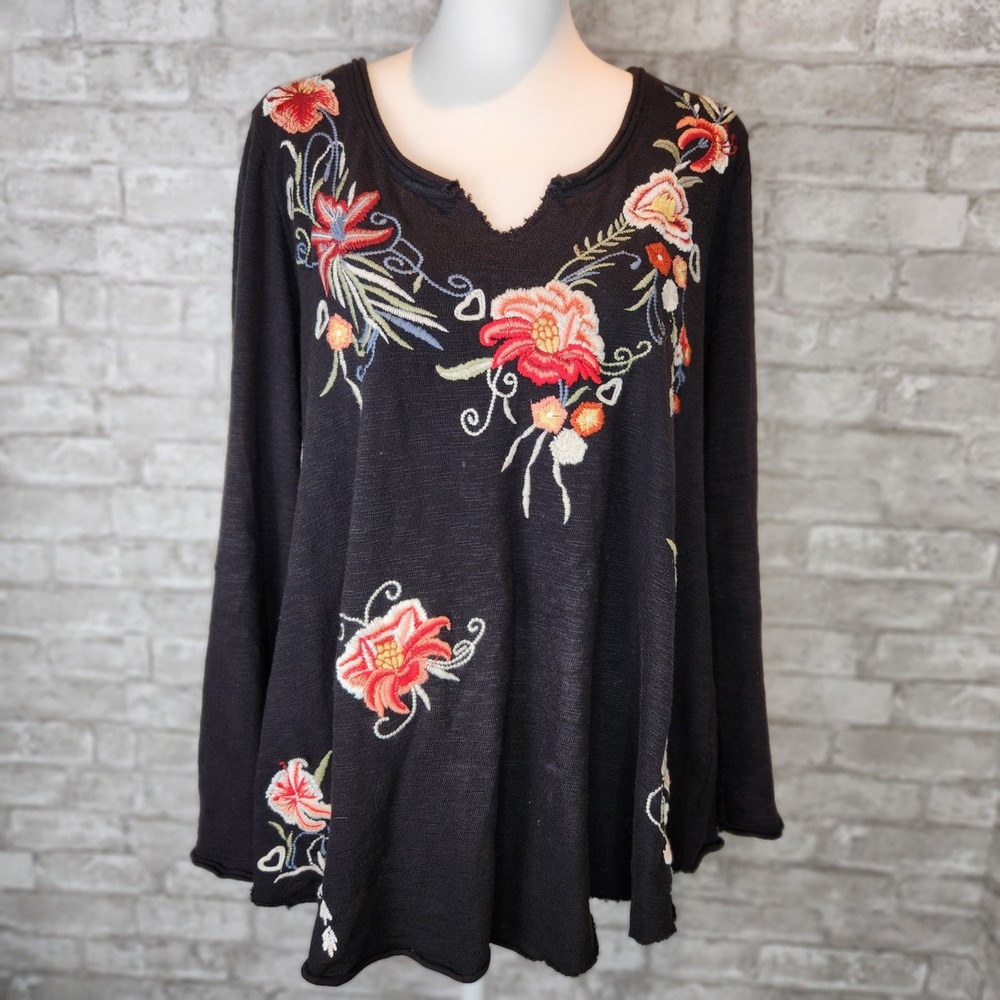 Caite Top Embroidered Floral Black Cotton Boho Oversized Large